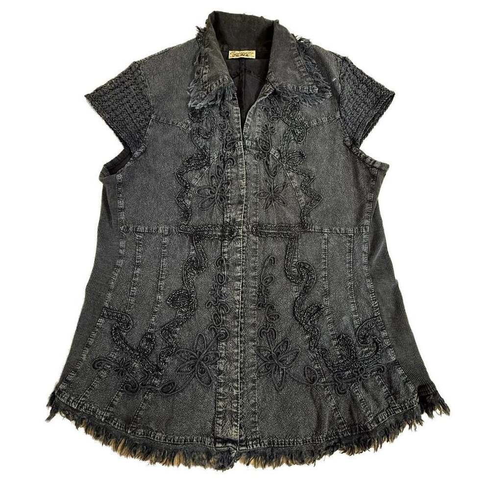 Caamaño Women's Black Acid Wash Embroidered Denim Vest Size L Boho Frayed Cotton